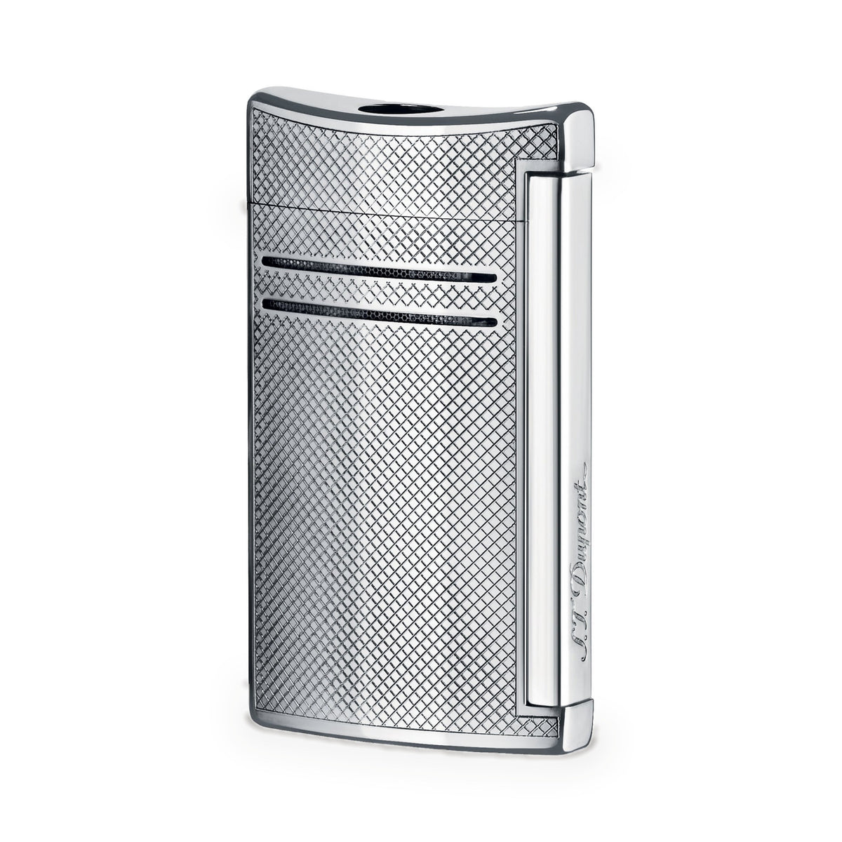 S.T. Dupont Maxijet torch lighter in chrome with a textured grid pattern, front view