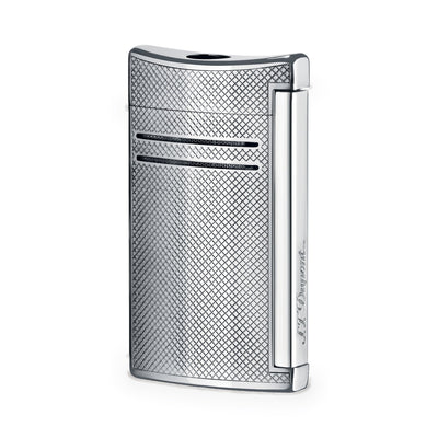 S.T. Dupont Maxijet torch lighter in chrome with a textured grid pattern, front view