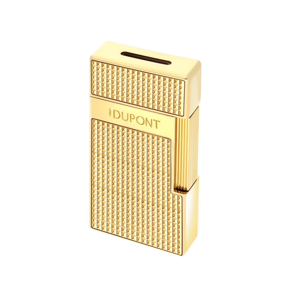 S.T. Dupont Biggy torch lighter in gold with Diamond Head guilloché, three-quarter view, cap closed