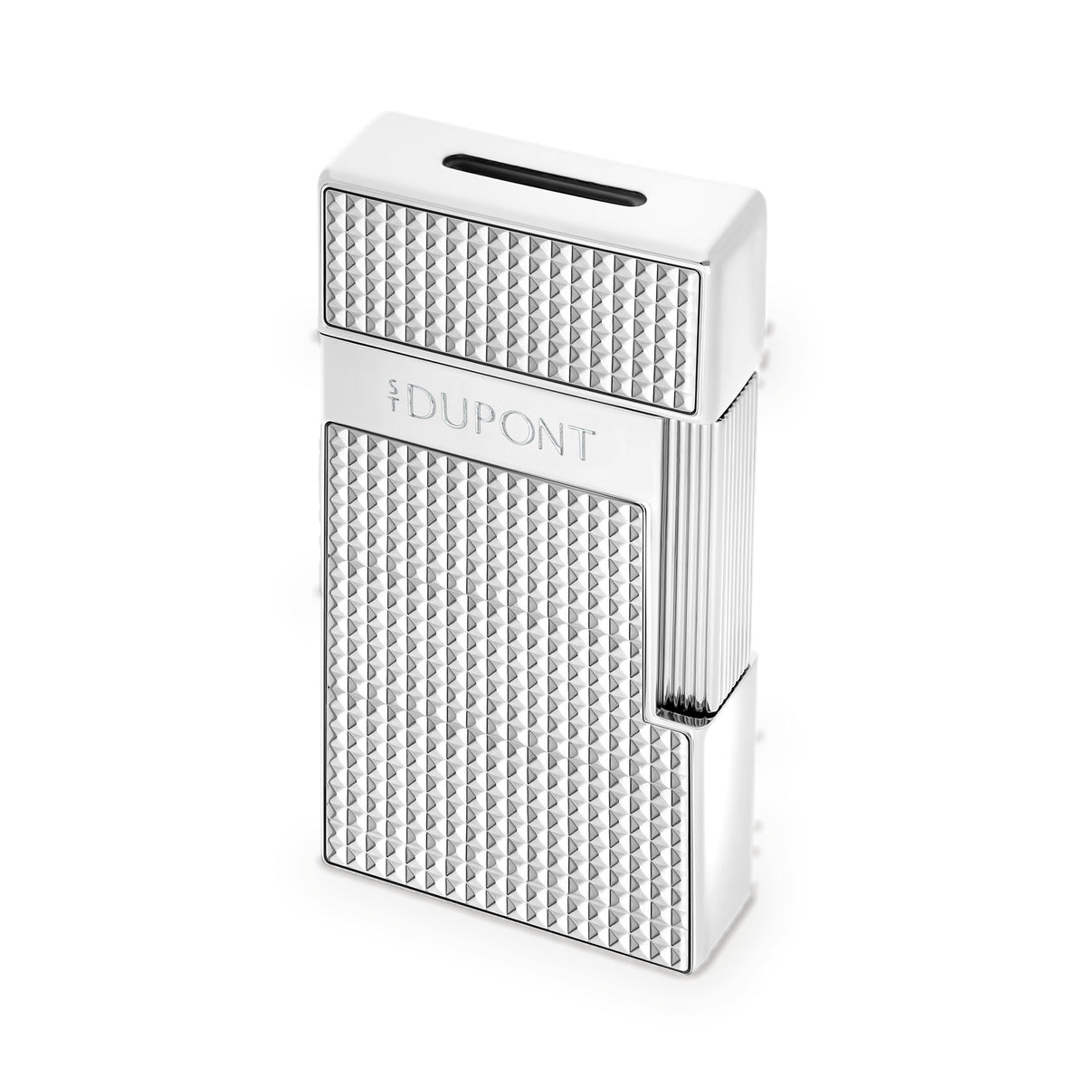 S.T. Dupont Biggy Diamond Head torch lighter in chrome, three-quarter view showing the burner slot in the cap