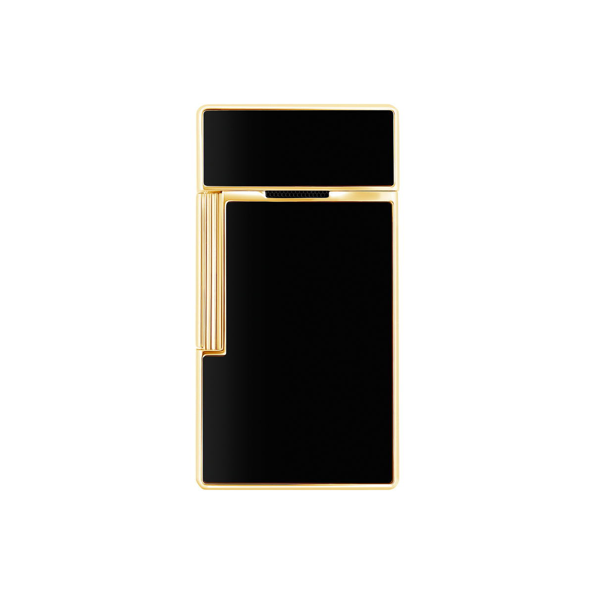 S.T. Dupont Biggy torch lighter in black lacquer with gold trim, reverse view showing the plain lacquer panel