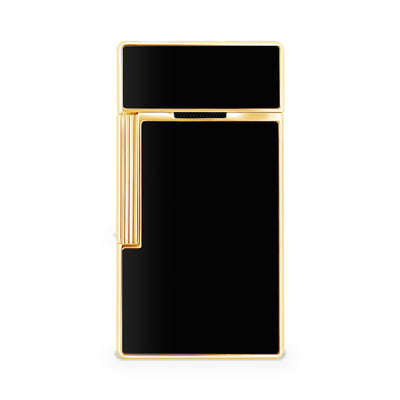 S.T. Dupont Biggy torch lighter in black lacquer with gold trim, reverse view showing the plain lacquer panel