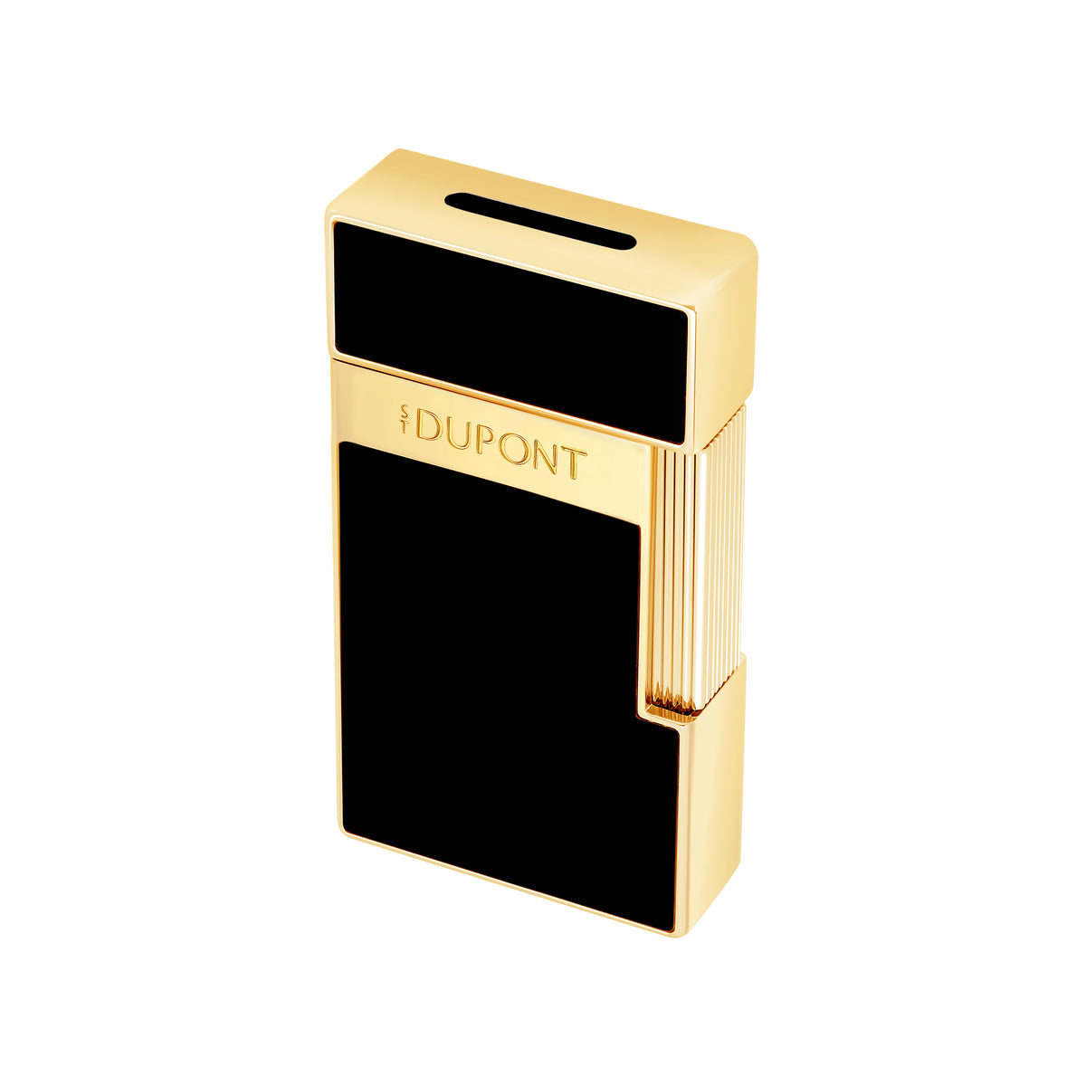 S.T. Dupont Biggy torch lighter in black lacquer with gold trim, three-quarter view, cap closed