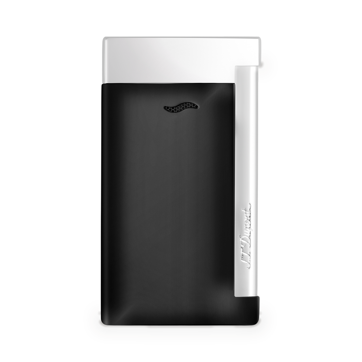 S.T. Dupont Slim 7 torch lighter in black lacquer with chrome trim, front view showing the burner vent