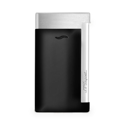 S.T. Dupont Slim 7 torch lighter in matte black with brushed chrome trim, front view showing the burner vent