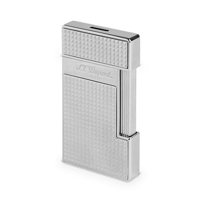 S.T. Dupont Slimmy torch lighter in chrome with Diamond Head guilloché, three-quarter view, cap closed