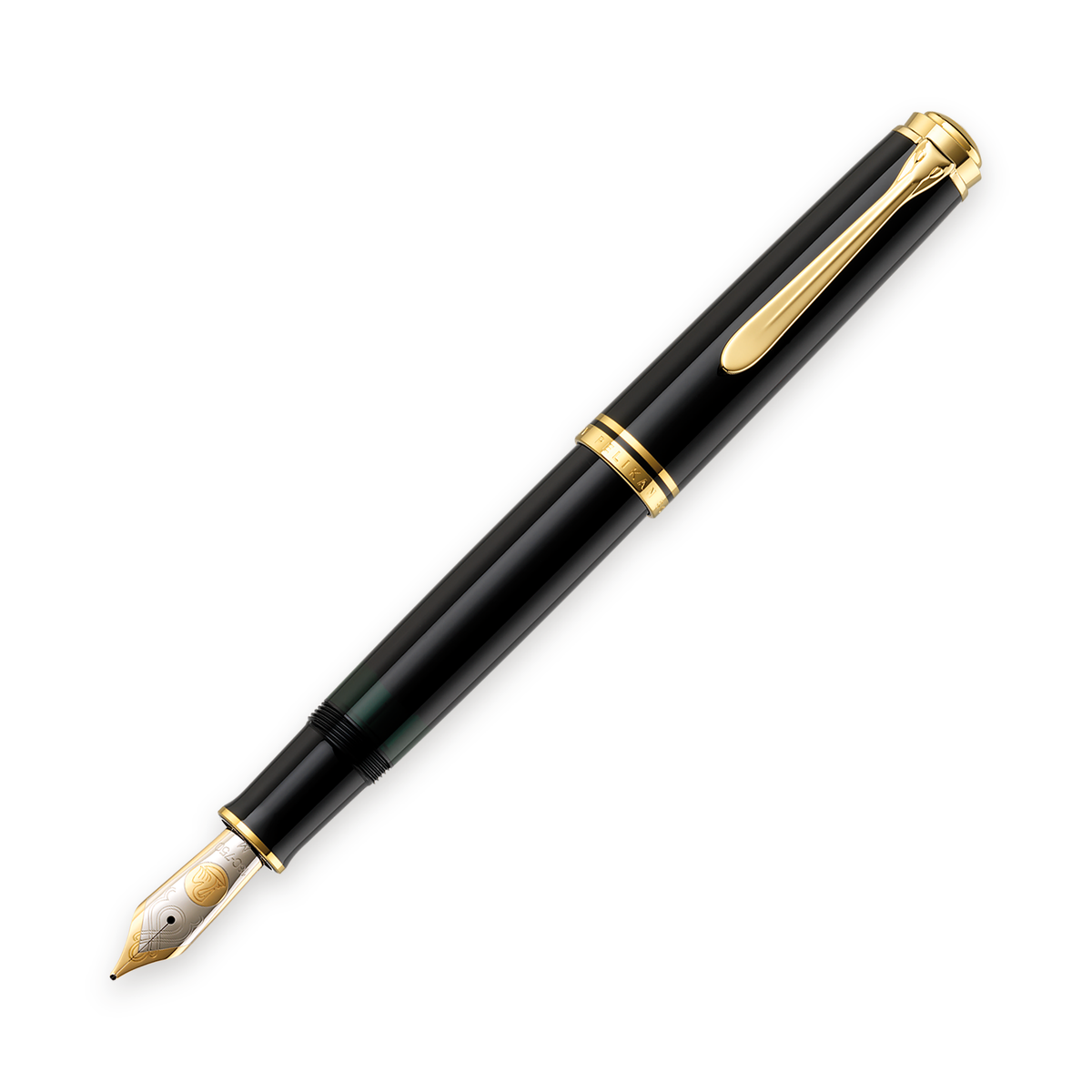 Pelikan Souverän M800 fountain pen in black with gold trim, shown uncapped at an angle with the two-tone 18-carat gold nib