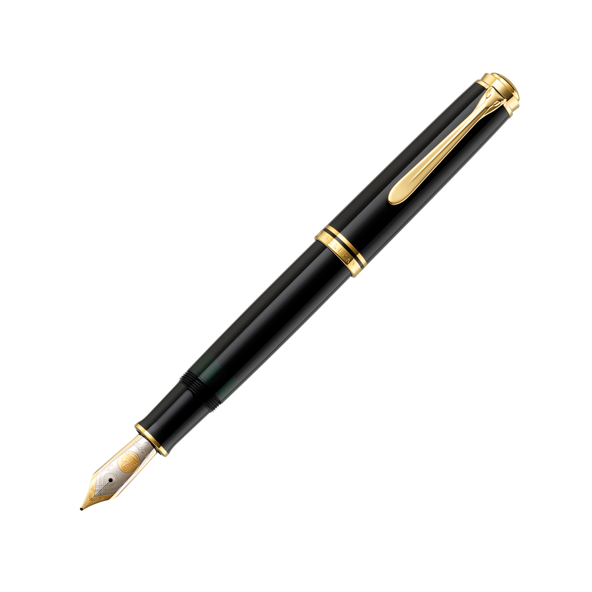 Pelikan Souverän M800 fountain pen in black with gold trim, shown uncapped at an angle with the two-tone 18-carat gold nib