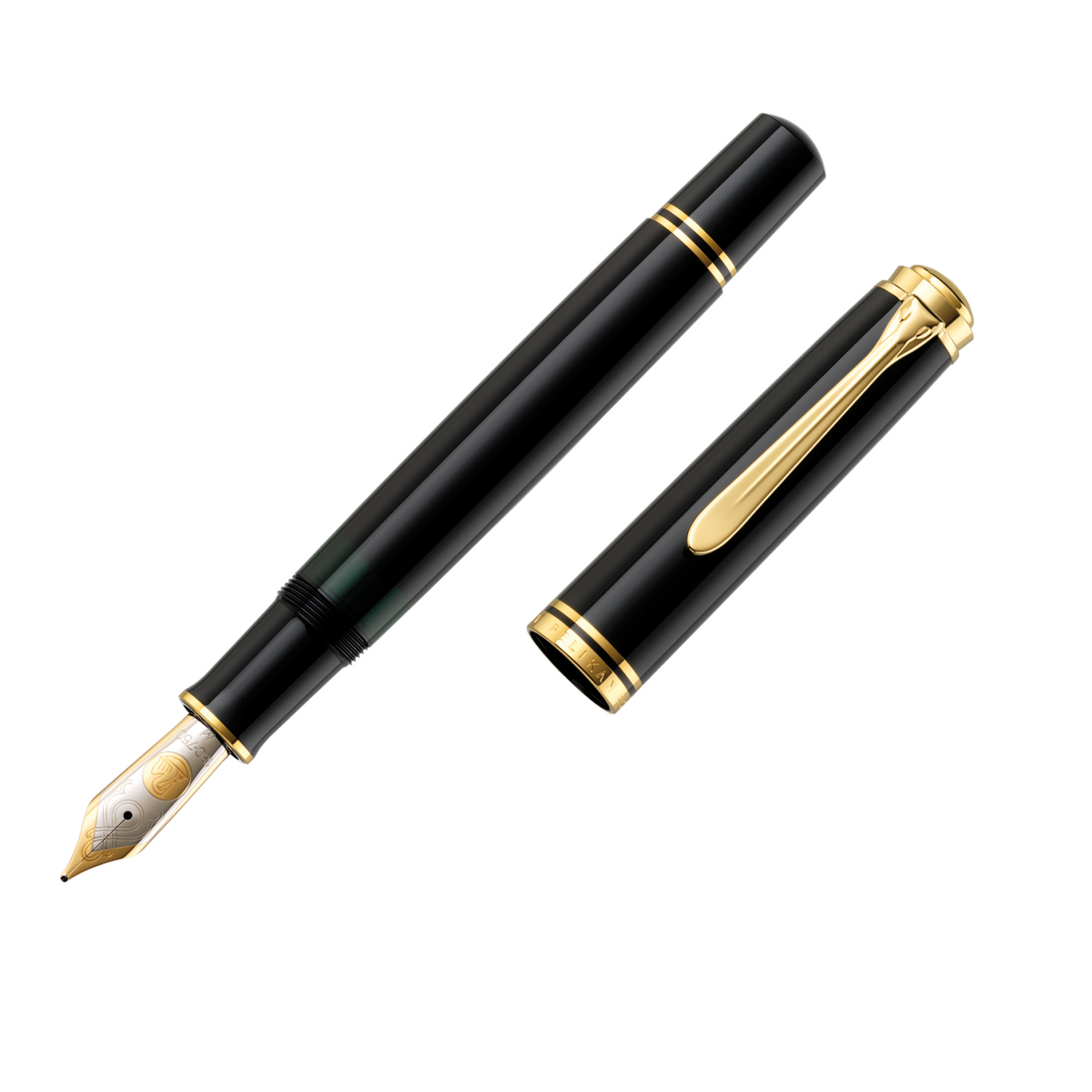 Pelikan Souverän fountain pen in black with gold trim, uncapped