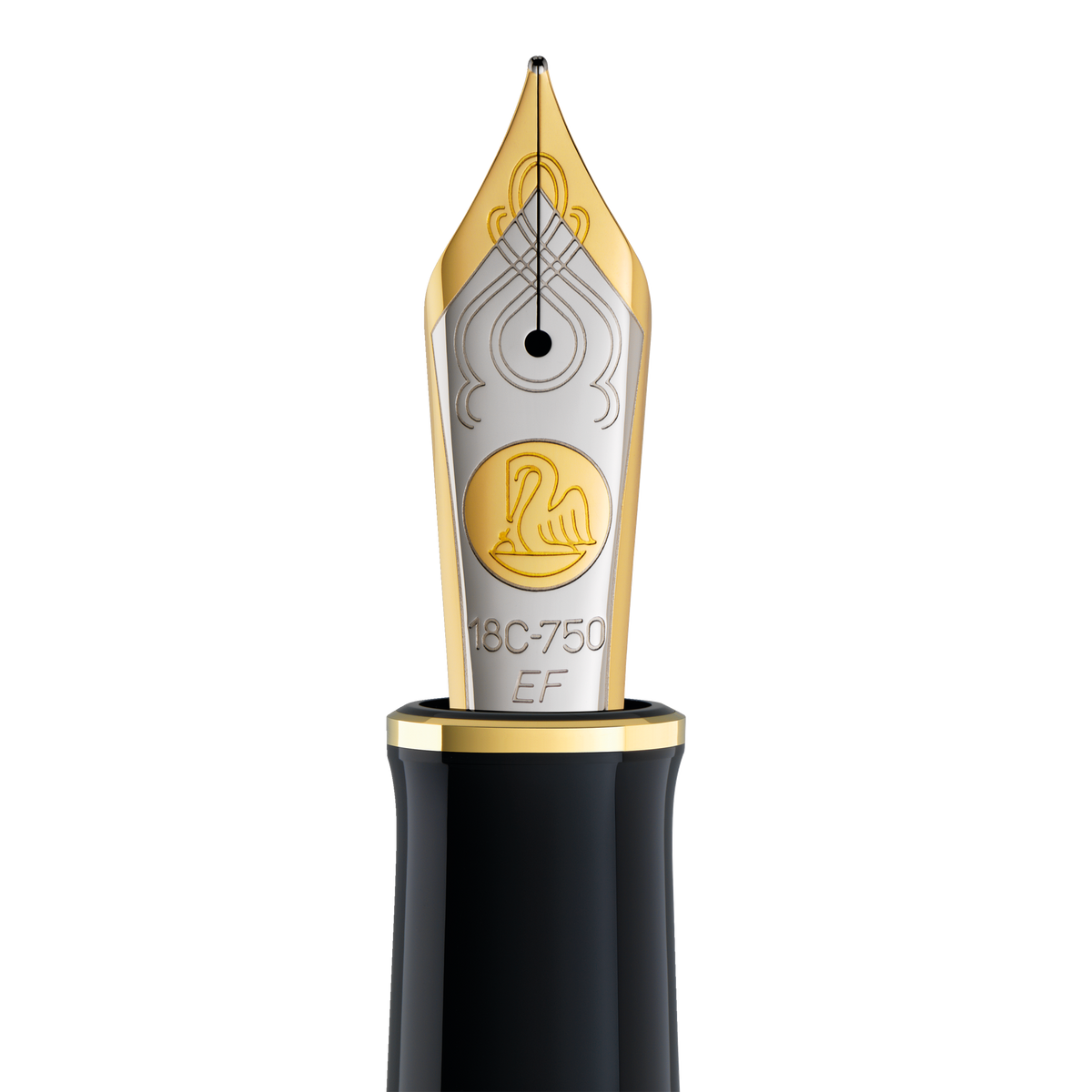 Close-up of the Pelikan Souverän M1000 two-tone nib, engraved