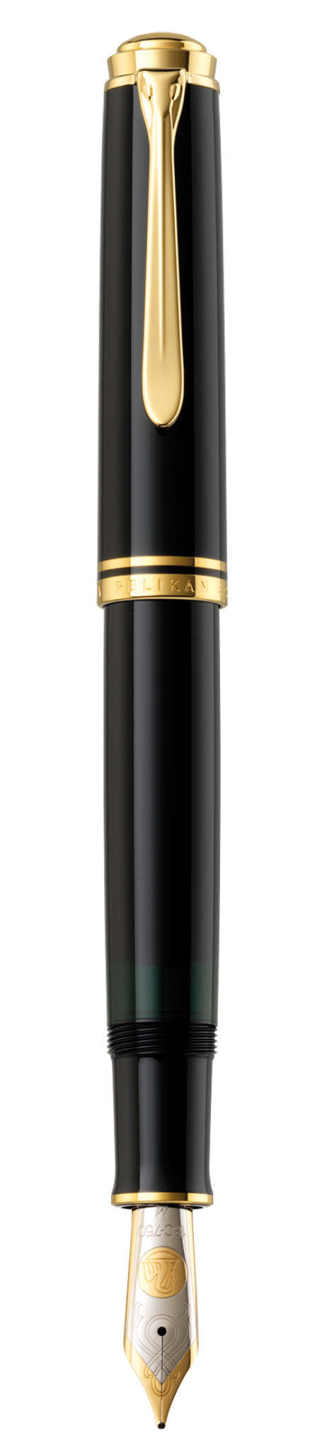 Pelikan Souverän fountain pen in black with gold trim, shown upright and uncapped