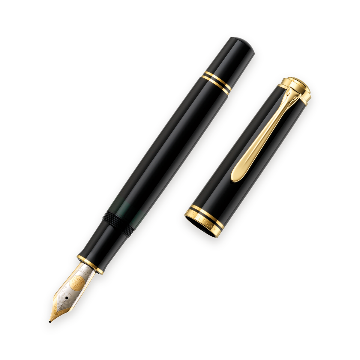 Pelikan Souverän fountain pen in black with gold trim, cap removed and standing beside the barrel