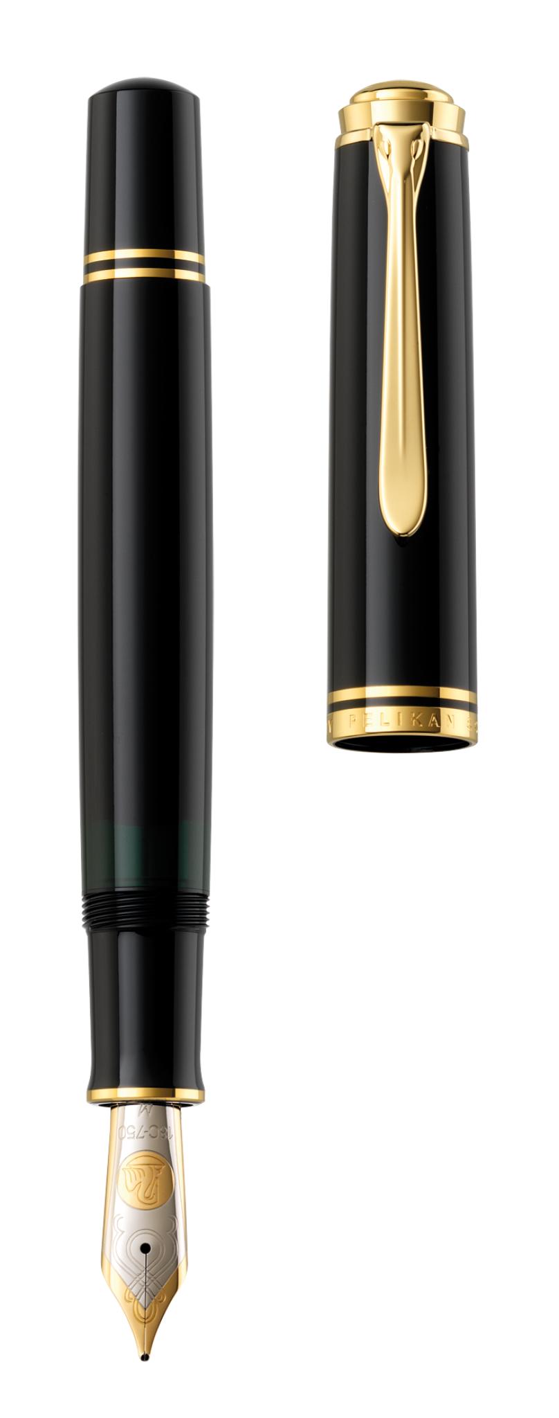 Pelikan Souverän fountain pen in black with gold trim, cap removed and standing beside the barrel