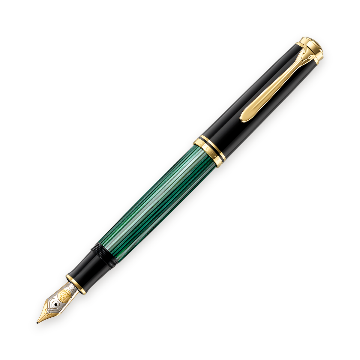 Pelikan Souverän M800 fountain pen with a black cap and green striped barrel, shown upright and uncapped
