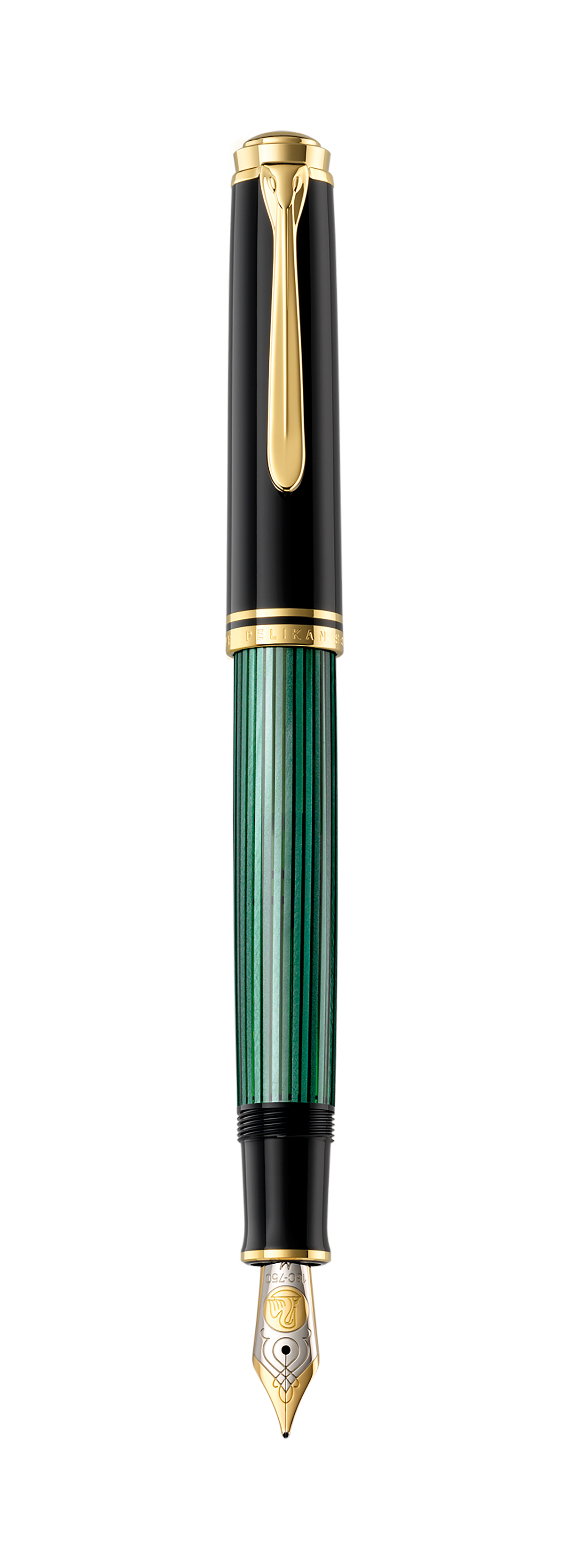 Pelikan Souverän M800 fountain pen with a black cap and green striped barrel, shown upright and uncapped