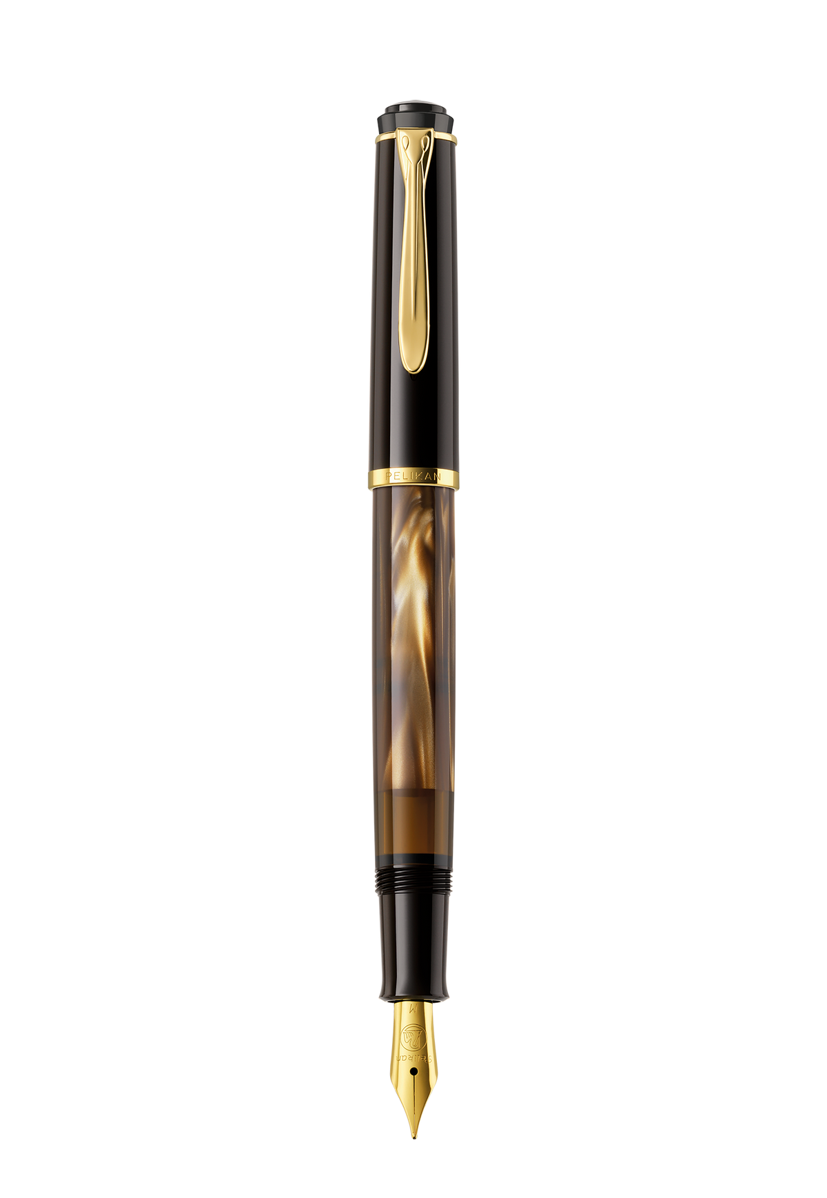 Pelikan M200 fountain pen in brown marbled resin with gold trim, shown full length