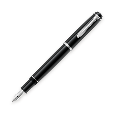 Pelikan P205 fountain pen in black resin with chrome trim, shown full length with the cap posted and the nib exposed
