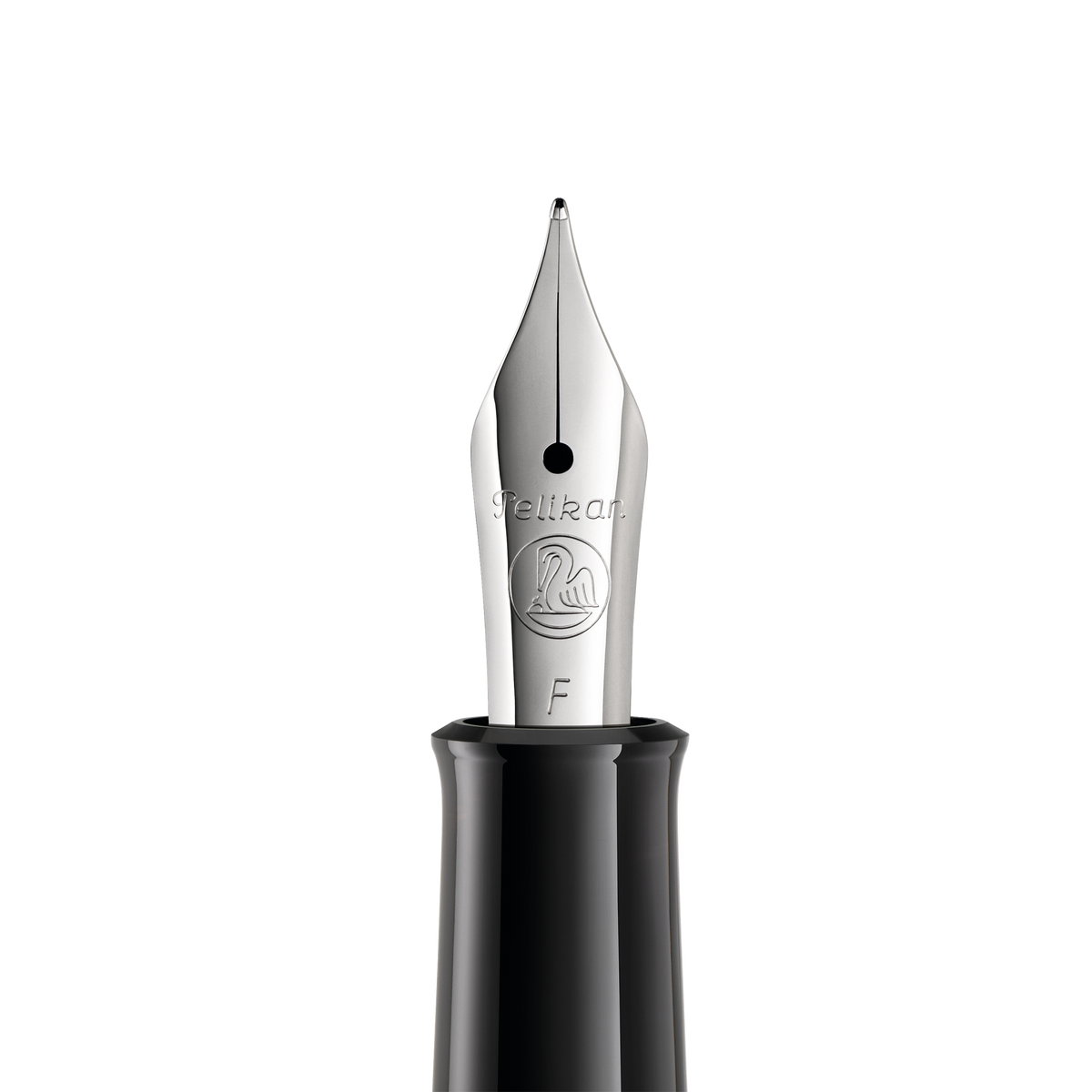 Close-up of the Pelikan P205 nib, engraved with the Pelikan pelican logo and marked F for the Fine width