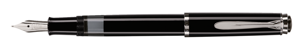 Pelikan P205 fountain pen shown horizontally and uncapped, with the translucent ink window visible on the barrel