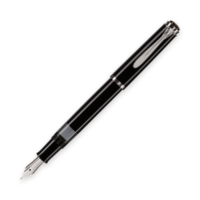 Pelikan P205 fountain pen shown horizontally and uncapped, with the translucent ink window visible on the barrel