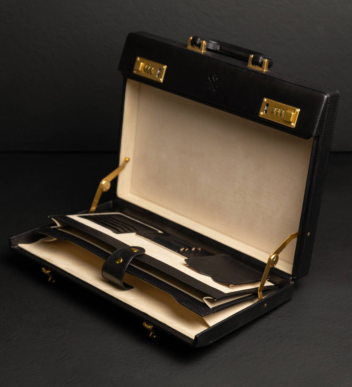 Vendetta black leather attaché case by Time Resistance in full-grain vegetable-tanned Italian Vachetta, view 5 of 11