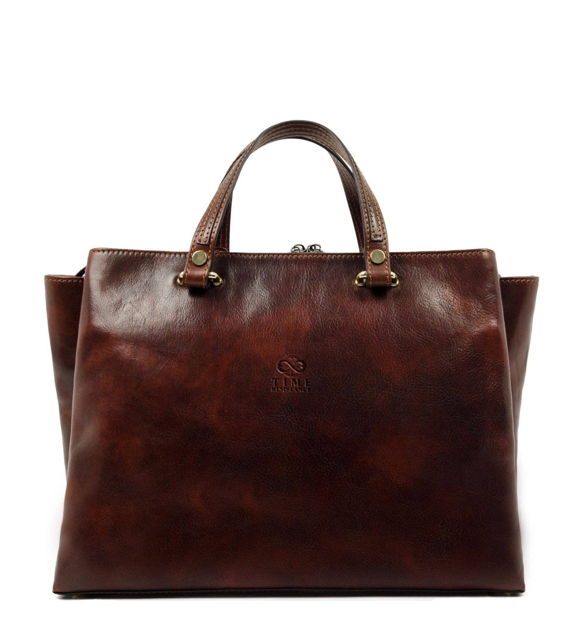 The Scarlet Letter brown women's leather tote in Italian Vachetta (Time Resistance), front view with twin rolled handles