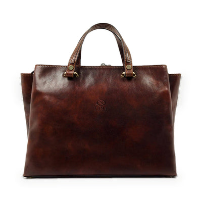 The Scarlet Letter brown women's leather tote in Italian Vachetta (Time Resistance), front view with twin rolled handles
