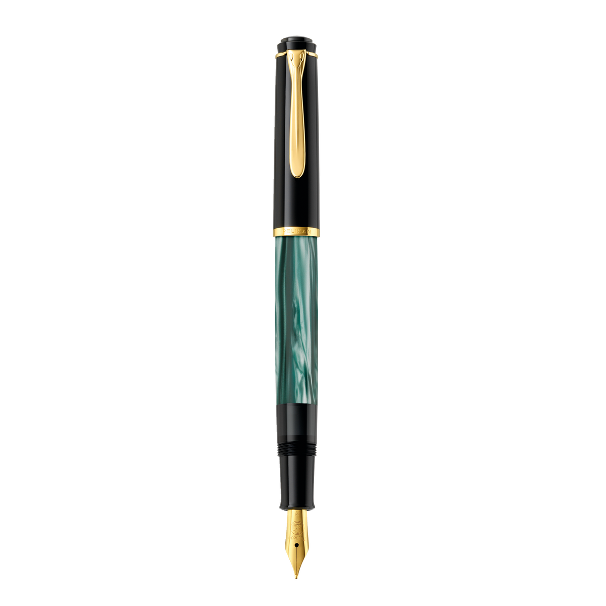 Pelikan M200 fountain pen in green marbled resin with gold trim, shown full length
