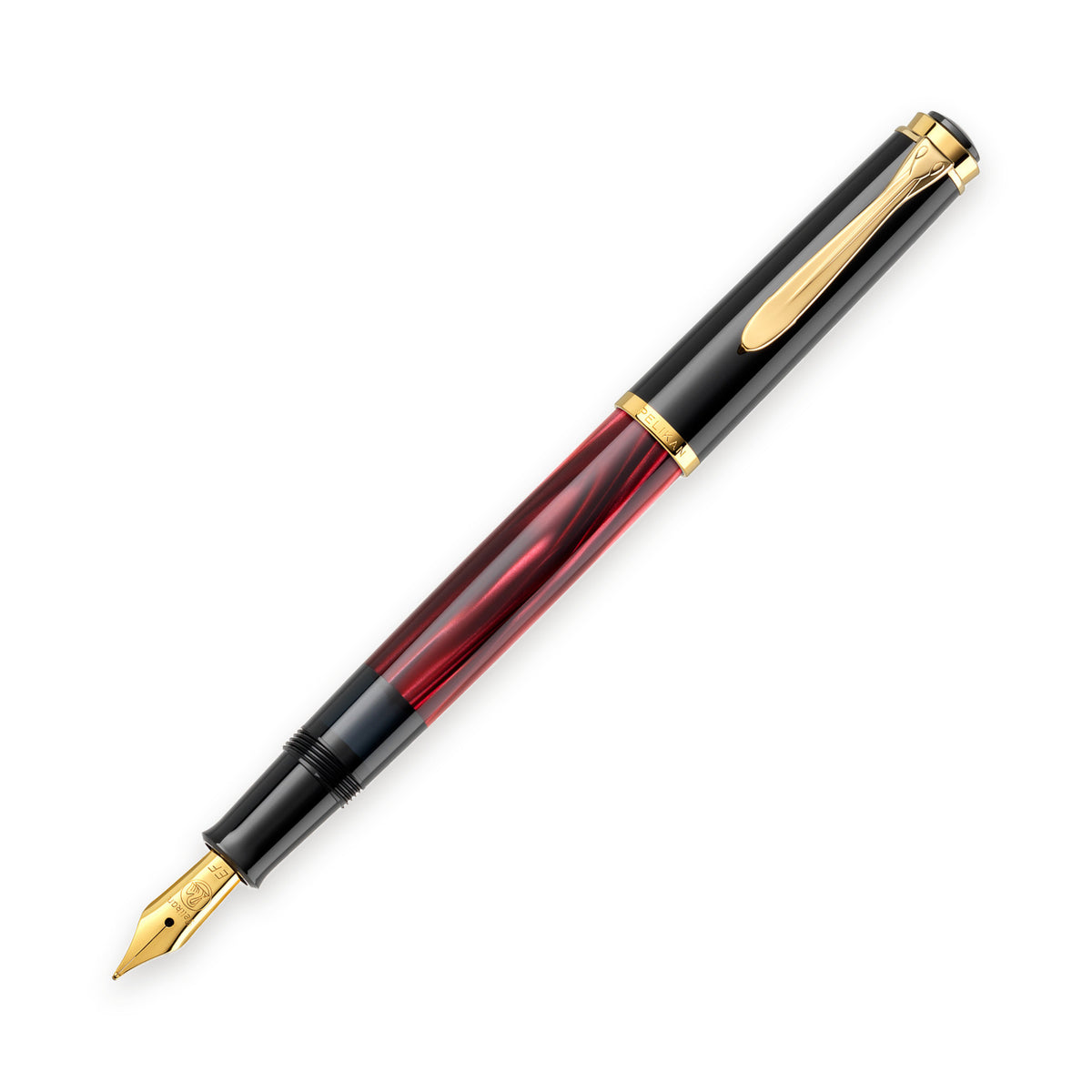 Pelikan M200 fountain pen in red marbled resin with gold trim, shown full length with the cap posted and the gold nib exposed