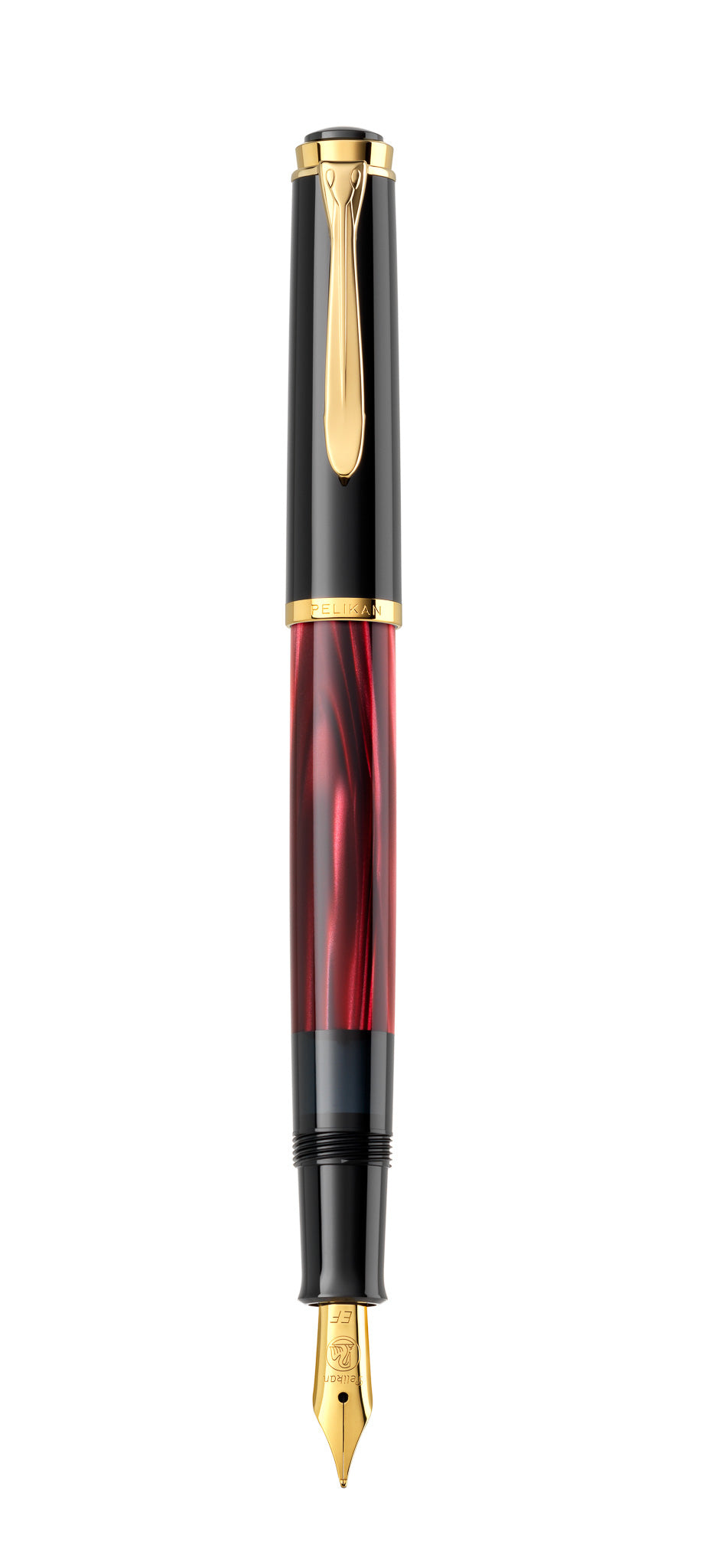 Pelikan M200 fountain pen in red marbled resin with gold trim, shown full length with the cap posted and the gold nib exposed