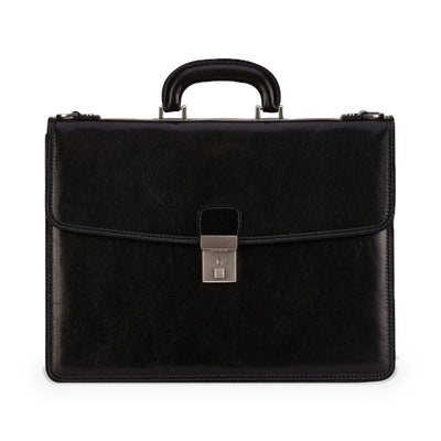 The Sound of the Mountain black leather briefcase in Italian Vachetta (Time Resistance), front view