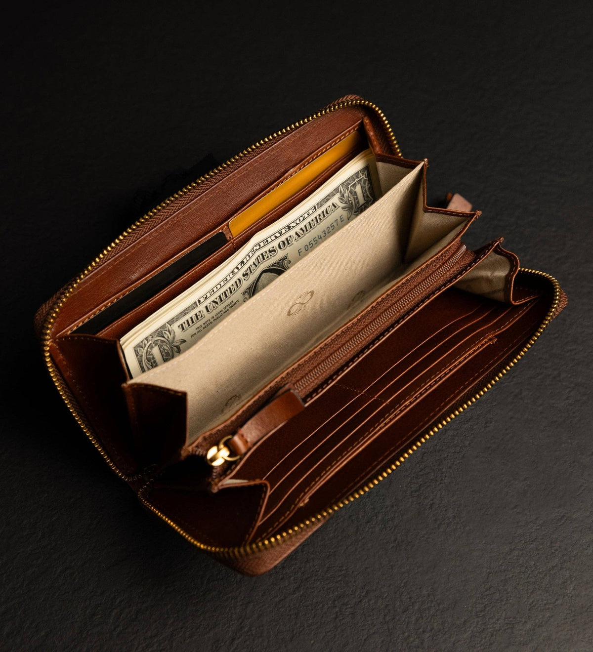 Excellent Women cognac brown leather continental zip-around wallet in Italian Vachetta (Time Resistance) — view 2