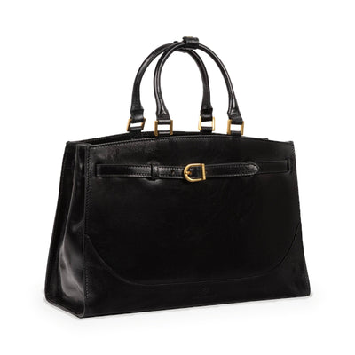 Shirley leather work tote — front view with twin handles and decorative front buckle