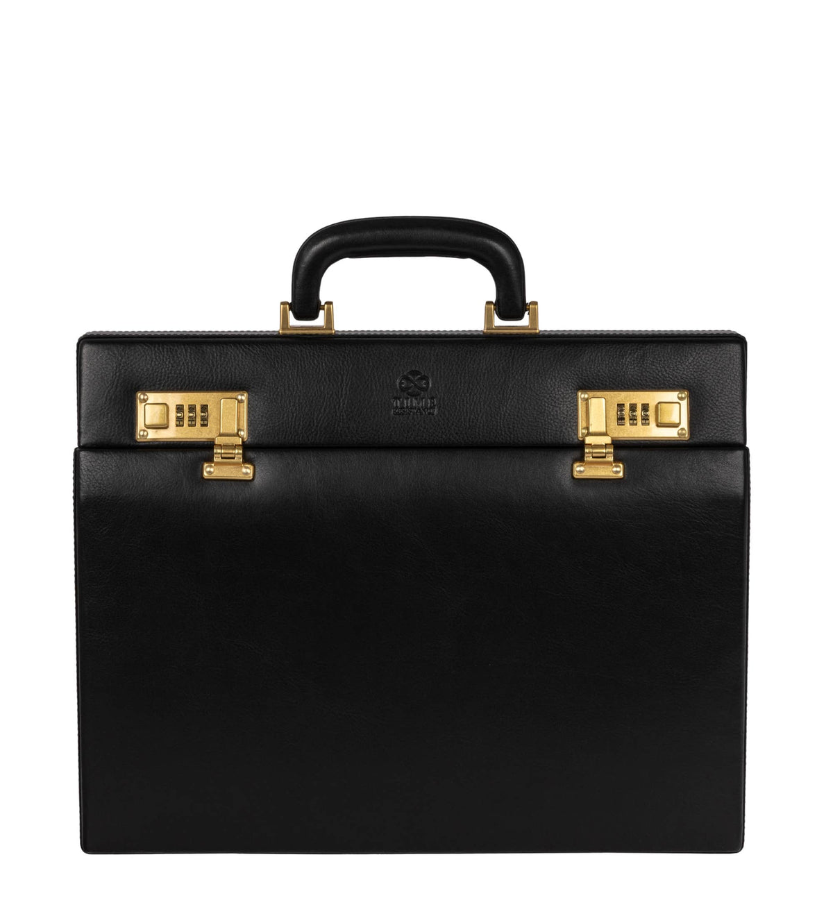 Vendetta black leather attaché case in Italian Vachetta (Time Resistance), front view