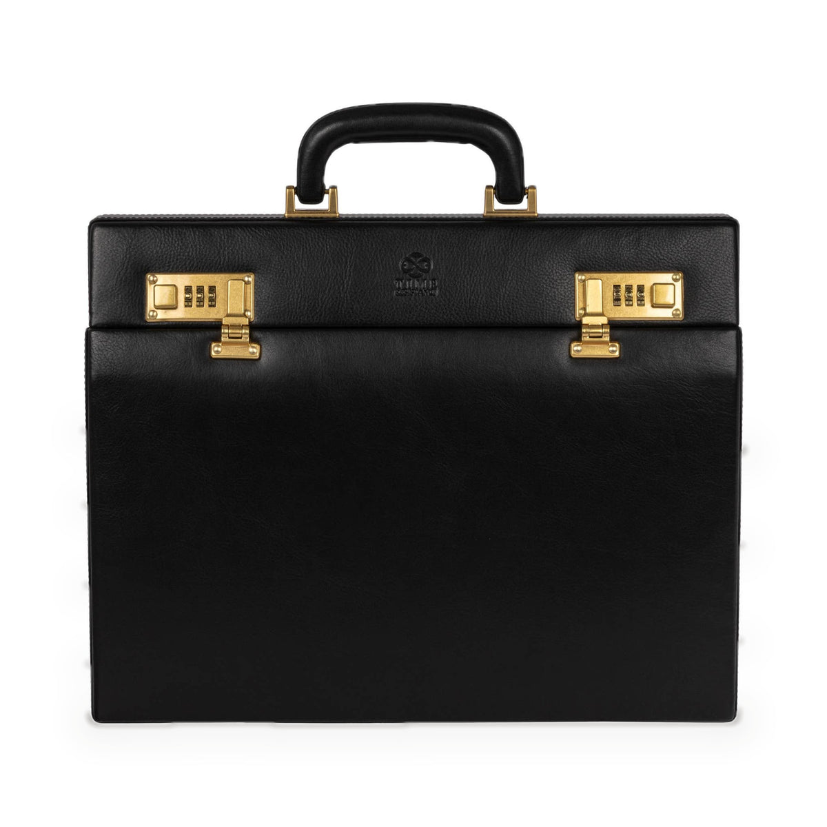 Vendetta black leather attaché case in Italian Vachetta (Time Resistance), front view