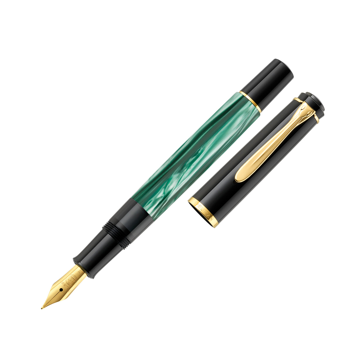 Pelikan M200 fountain pen in green marbled resin, shown uncapped at an angle with the cap resting to one side