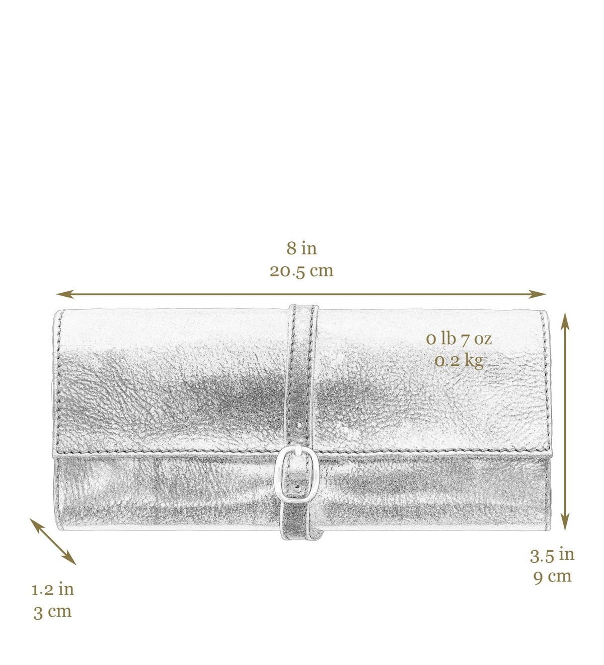 Dimensions diagram — Madame Bovary leather jewelry roll: 8 in / 20.5 cm wide, 3.5 in / 9 cm high, 1.2 in / 3 cm deep