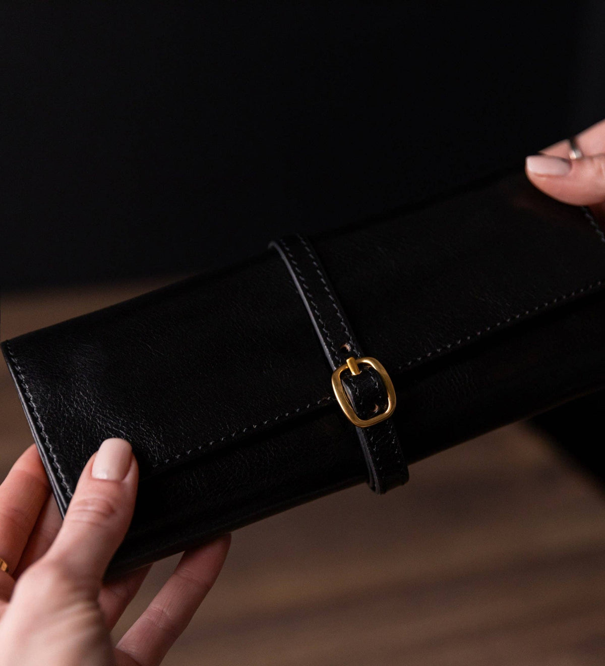 Madame Bovary black leather jewelry roll by Time Resistance in full-grain vegetable-tanned Italian Vachetta, view 2 of 8