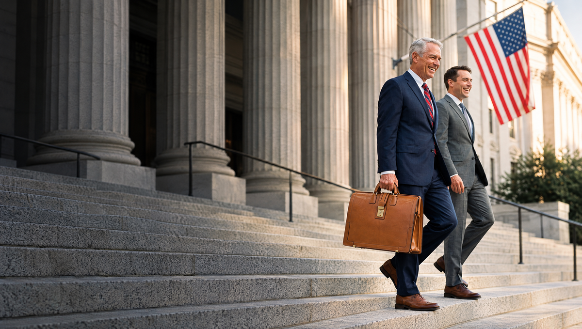 Two attorneys in tailored suits descend the courthouse steps, the senior partner carrying a tan Korchmar Churchill leather briefcase