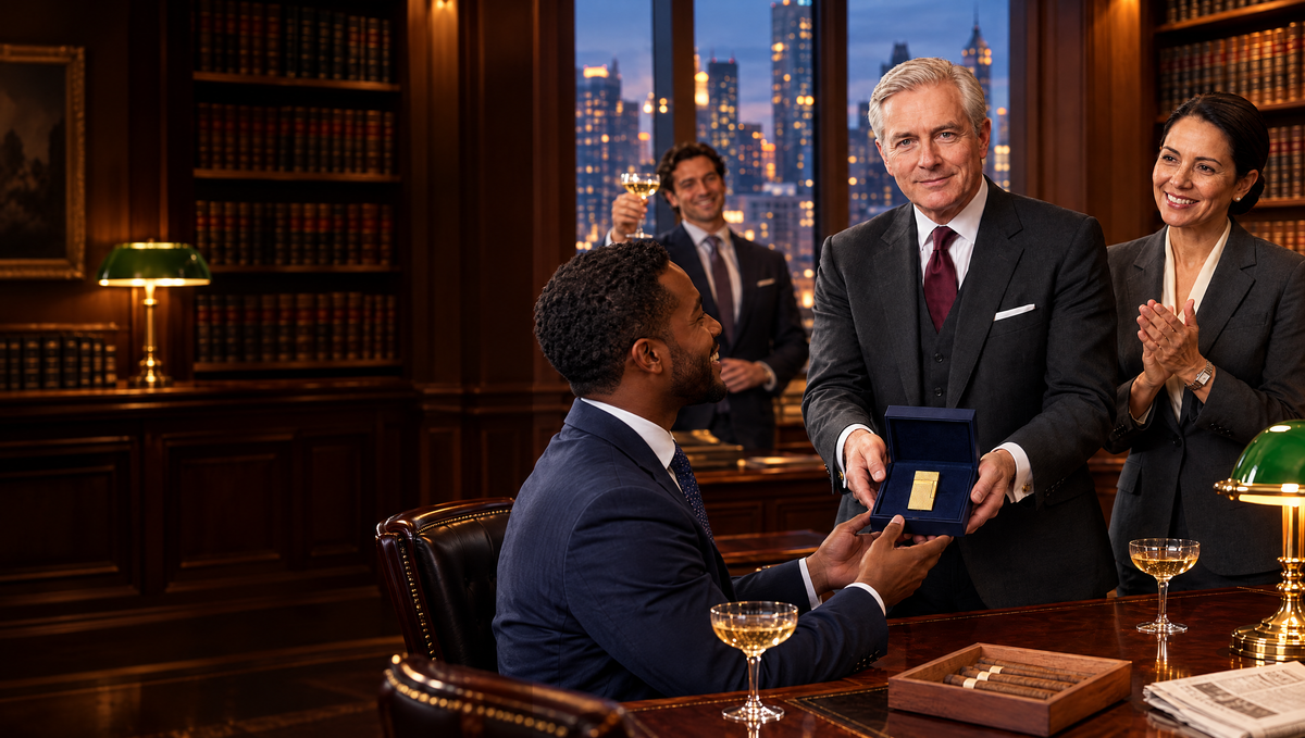 A senior partner presents an S.T. Dupont gold table lighter to a new partner in an evening law library as colleagues celebrate