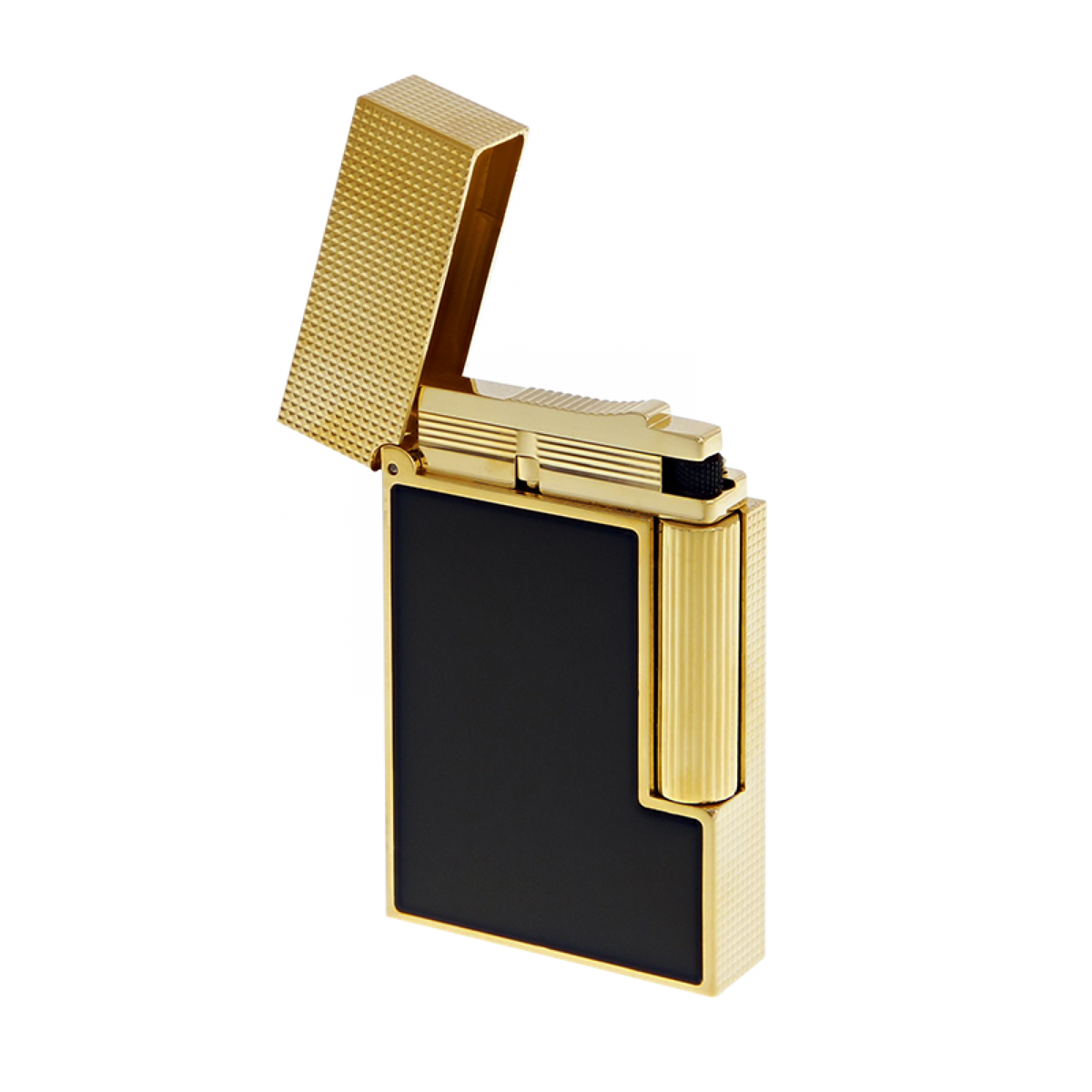 S.T. Dupont Ligne 2 Perfect Ping lighter in black lacquer with gold trim, hinged cap open above the burner
