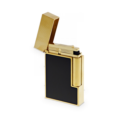 S.T. Dupont Ligne 2 Perfect Ping lighter in black lacquer with gold trim, hinged cap open above the burner