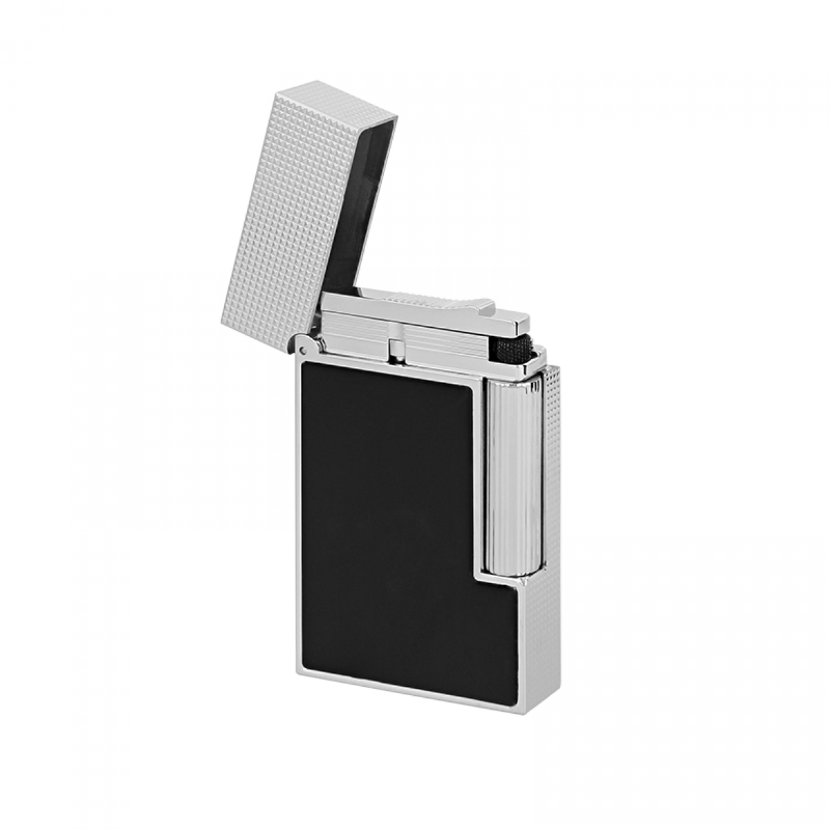 S.T. Dupont Ligne 2 Perfect Ping lighter in black lacquer with palladium trim, hinged cap open above the burner
