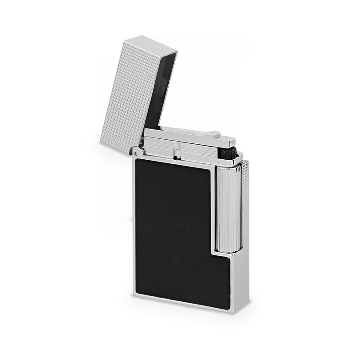 S.T. Dupont Ligne 2 Perfect Ping lighter in black lacquer with palladium trim, hinged cap open above the burner