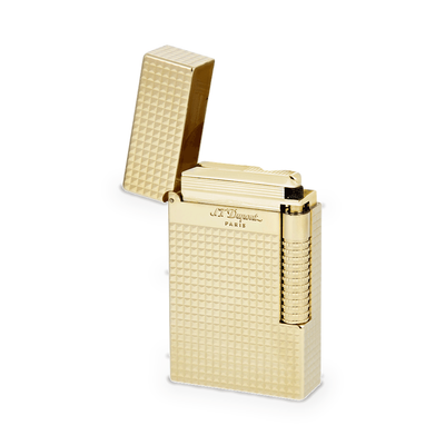 S.T. Dupont Le Grand lighter in yellow gold, hinged cap open to show the burner and fluted ignition roller