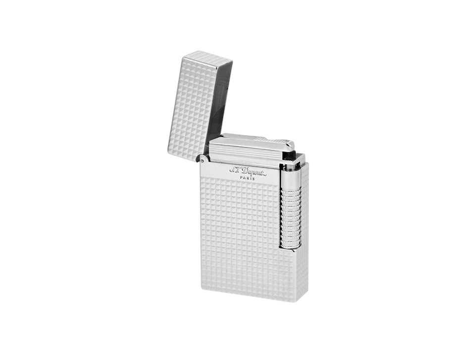 S.T. Dupont Le Grand lighter in palladium, three-quarter view with the hinged cap open over the burner