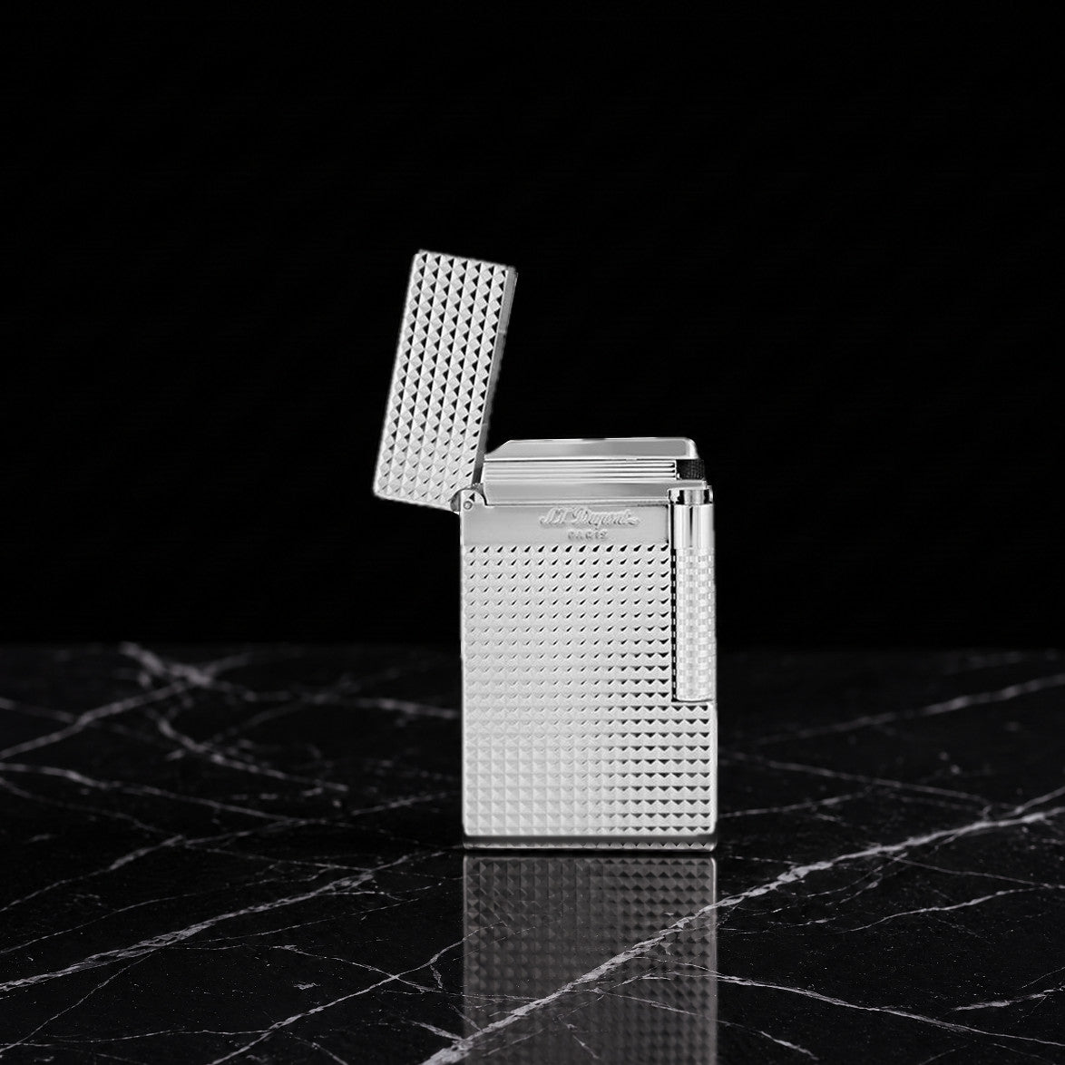 S.T. Dupont Le Grand dual-flame lighter in palladium with Diamond Head guilloché, side view with the cap open