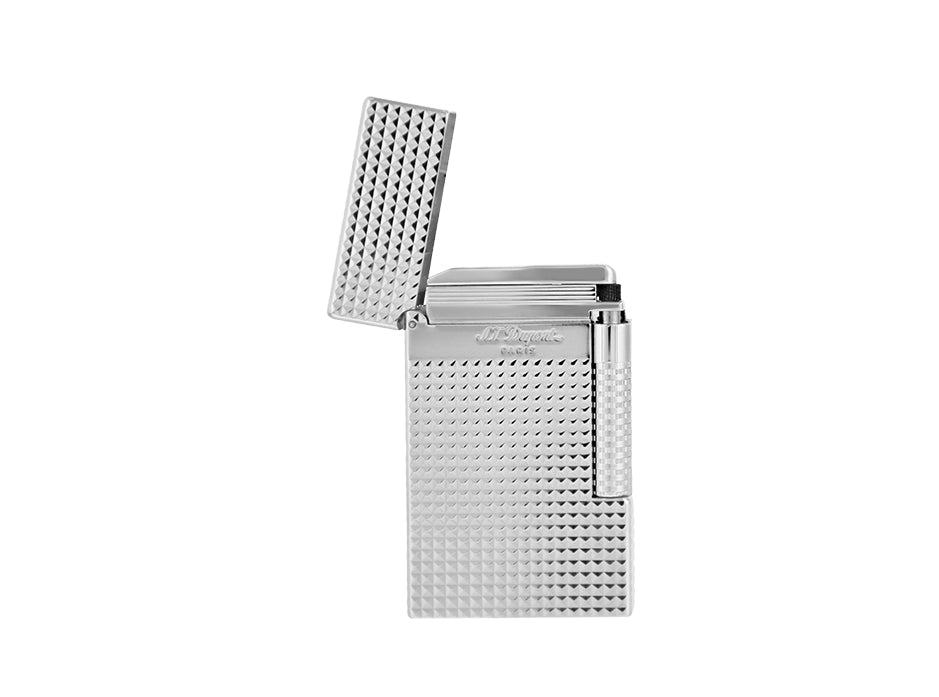 S.T. Dupont Le Grand dual-flame lighter in palladium with Diamond Head guilloché, side view with the cap open