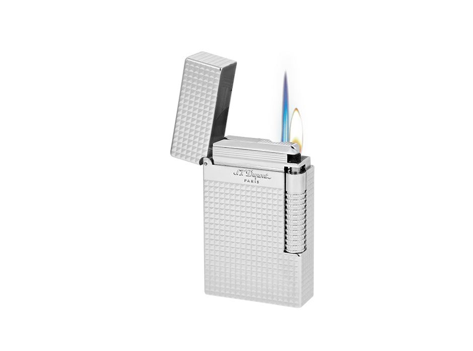 S.T. Dupont Le Grand lighter in palladium, shown lit with the cap open