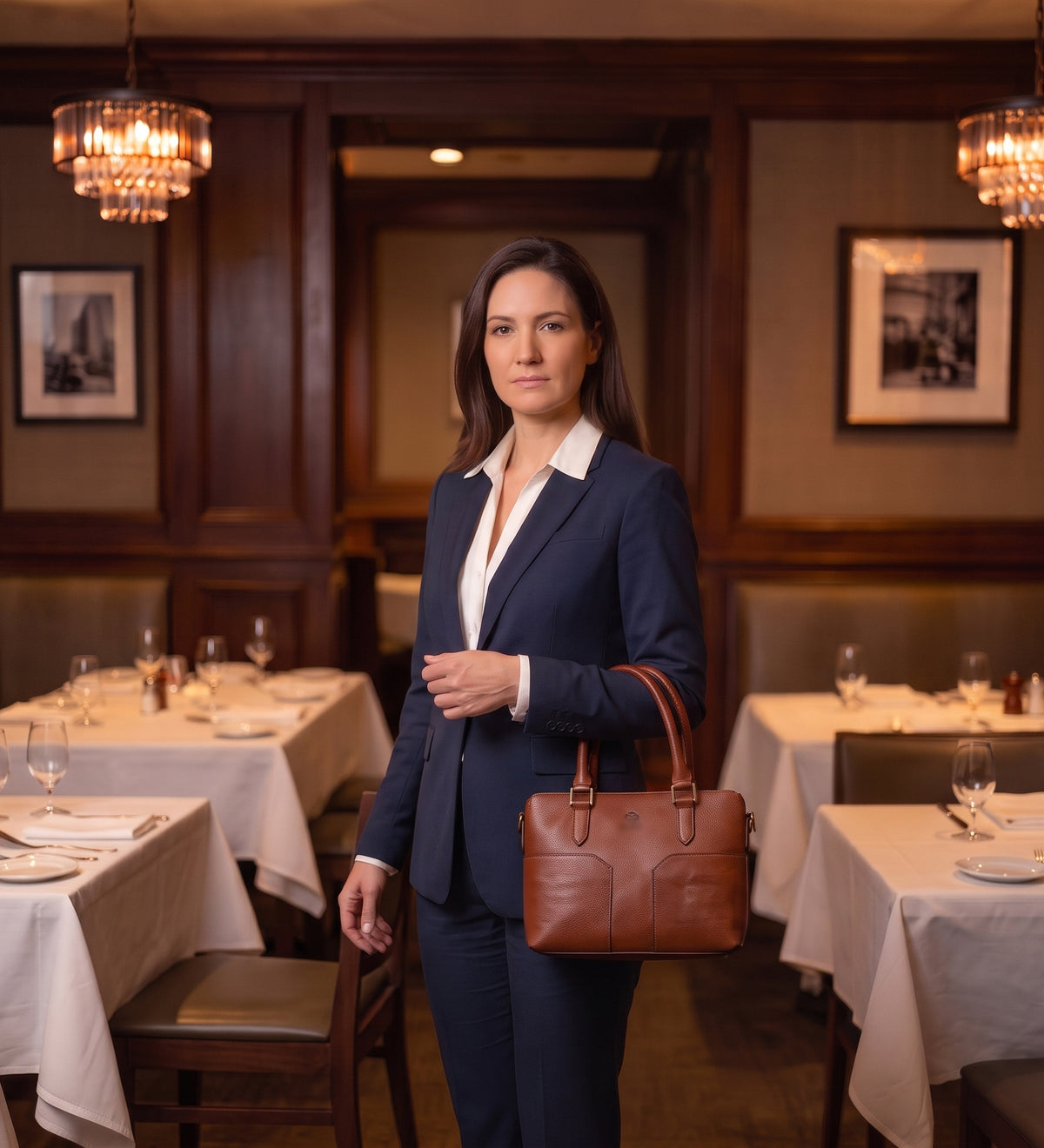 The Camilla shoulder bag in cognac brown full-grain leather, carried at the side of a woman attorney arriving for a client lunch